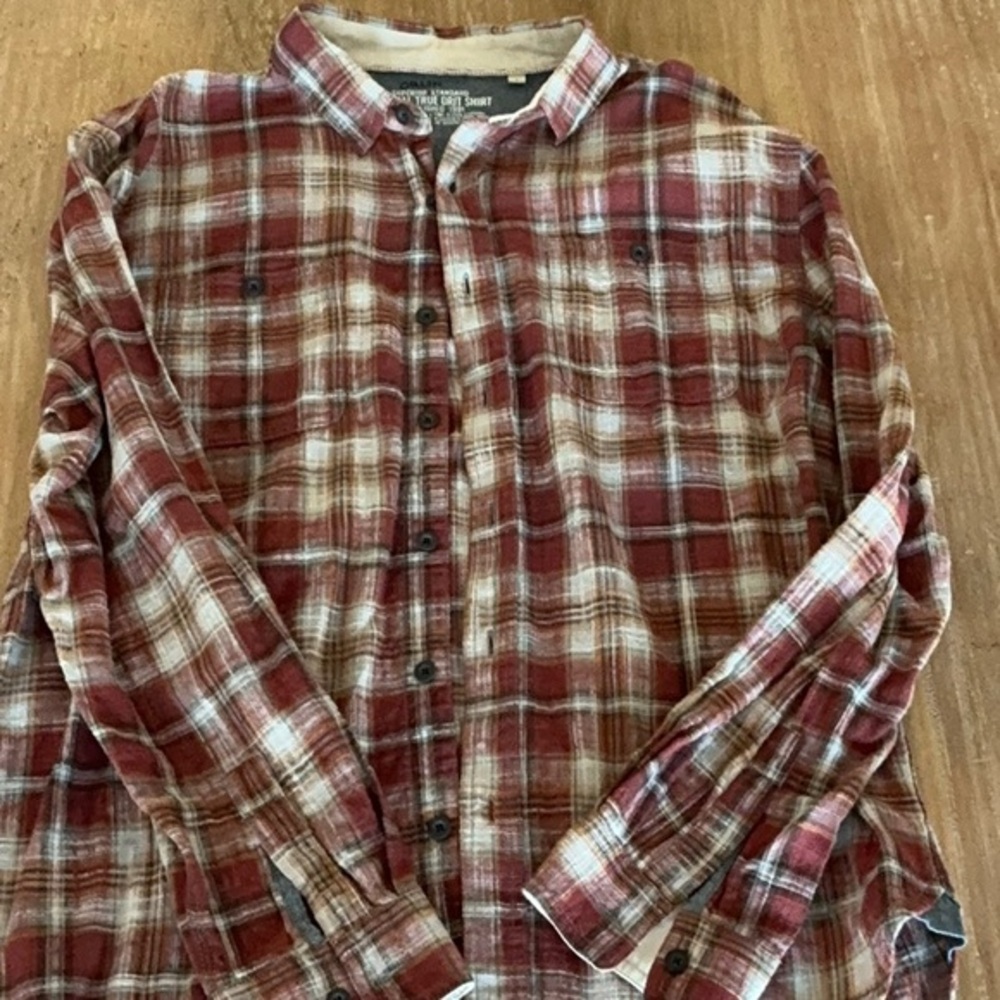 True Grit Mens Plaid Flannel Button Down Shirt Red Cream Large Long Sleeve